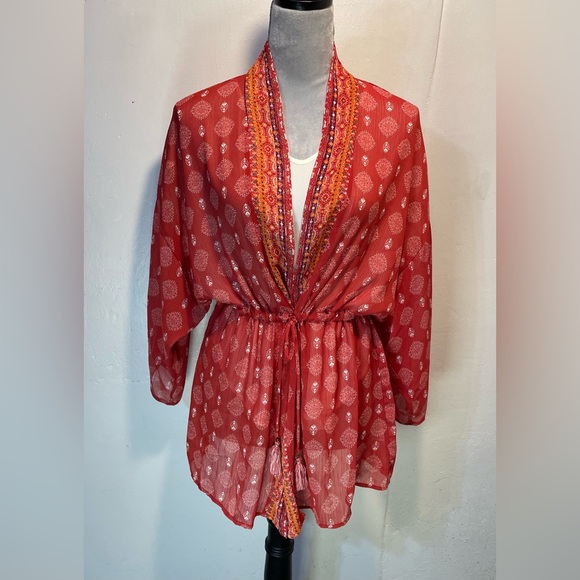 #0228 Xileration Red/Orange Sheer Kimono Accent Trim Drawstring with Tassels-S - Picture 2 of 9